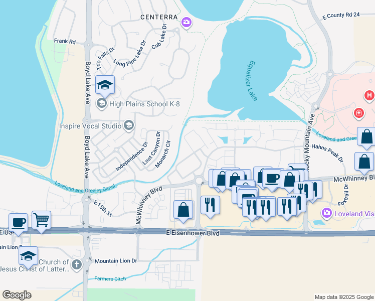 map of restaurants, bars, coffee shops, grocery stores, and more near 2115 Grays Peak Drive in Loveland