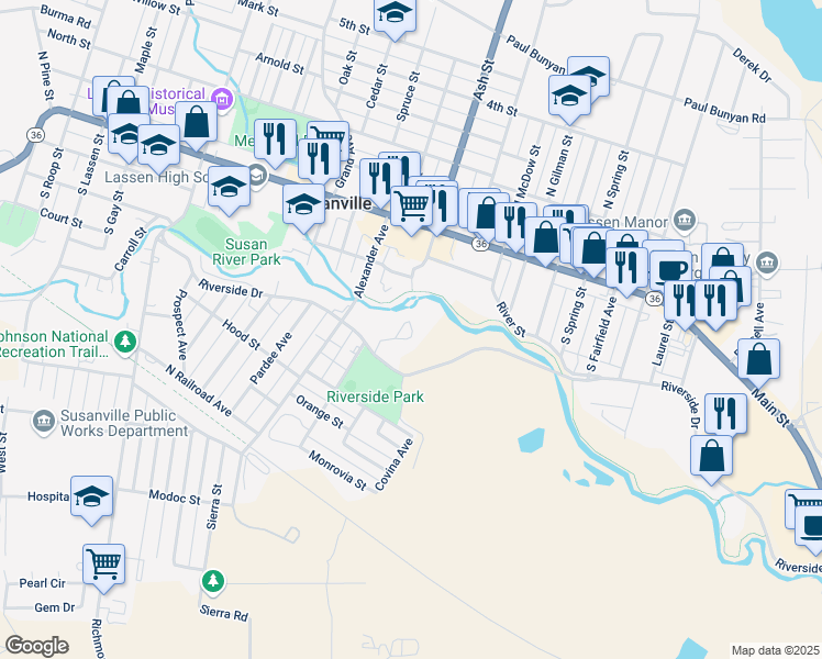 map of restaurants, bars, coffee shops, grocery stores, and more near 1625 Riverside Drive in Susanville