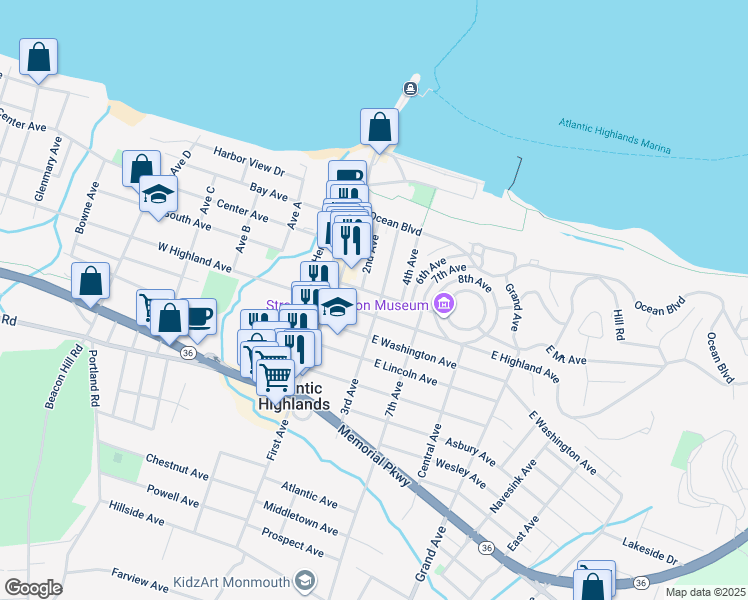 map of restaurants, bars, coffee shops, grocery stores, and more near 94 First Avenue in Atlantic Highlands