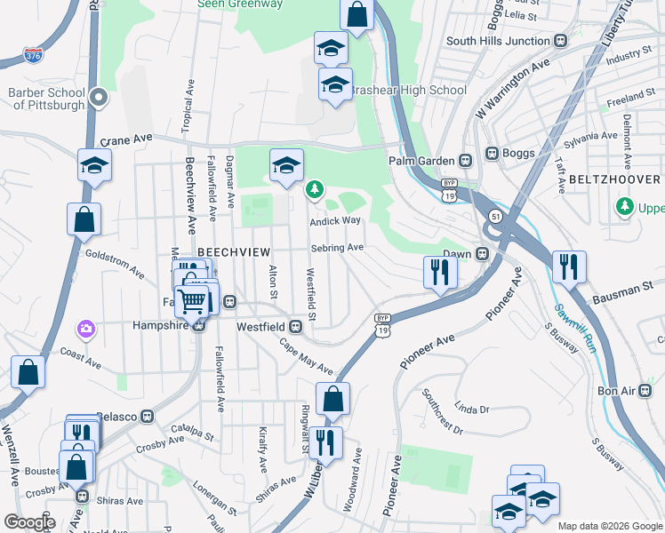 map of restaurants, bars, coffee shops, grocery stores, and more near 330 Platt Avenue in Pittsburgh
