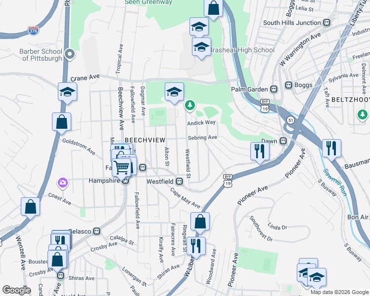 map of restaurants, bars, coffee shops, grocery stores, and more near 1403 Westfield Street in Pittsburgh