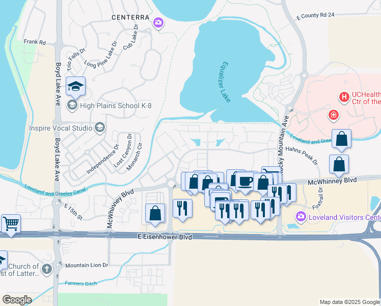 map of restaurants, bars, coffee shops, grocery stores, and more near 4615 Hahns Peak Drive in Loveland