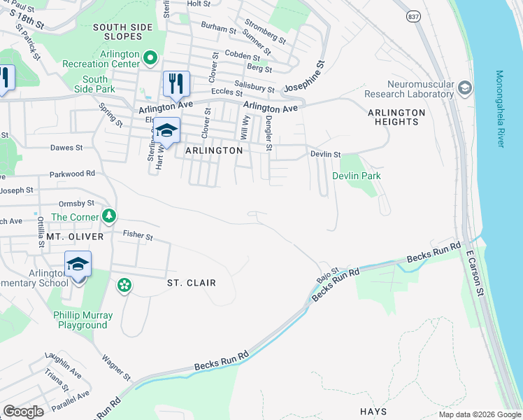 map of restaurants, bars, coffee shops, grocery stores, and more near 104 Eads Street in Pittsburgh