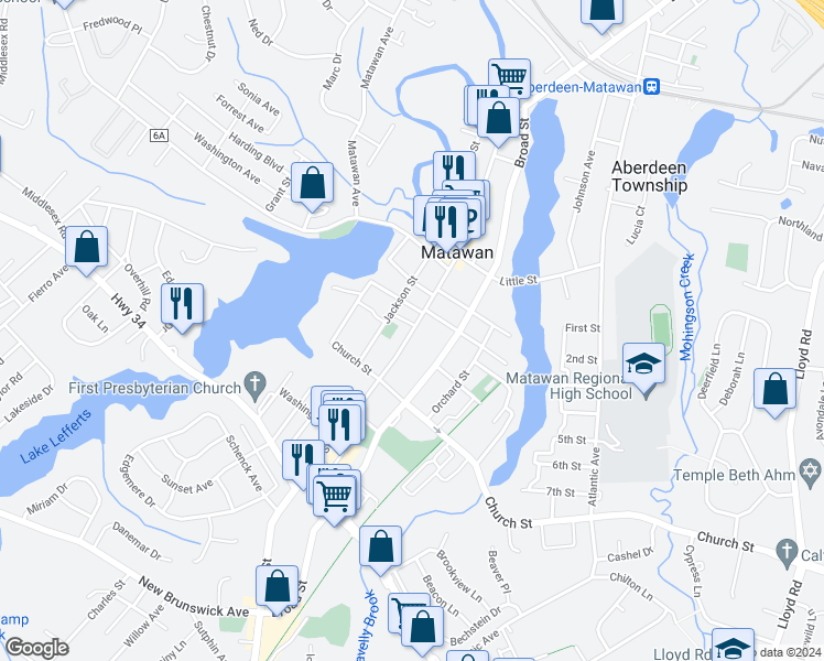 map of restaurants, bars, coffee shops, grocery stores, and more near 180 Main Street in Matawan