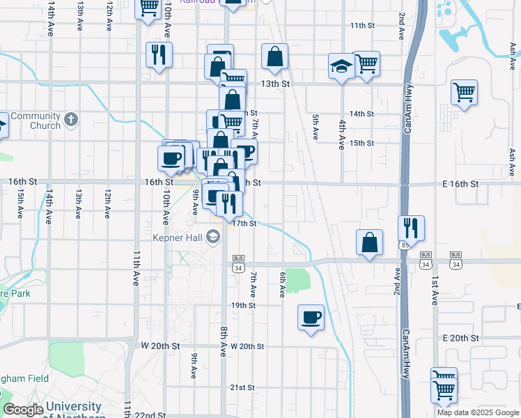 map of restaurants, bars, coffee shops, grocery stores, and more near 1630 7th Avenue in Greeley