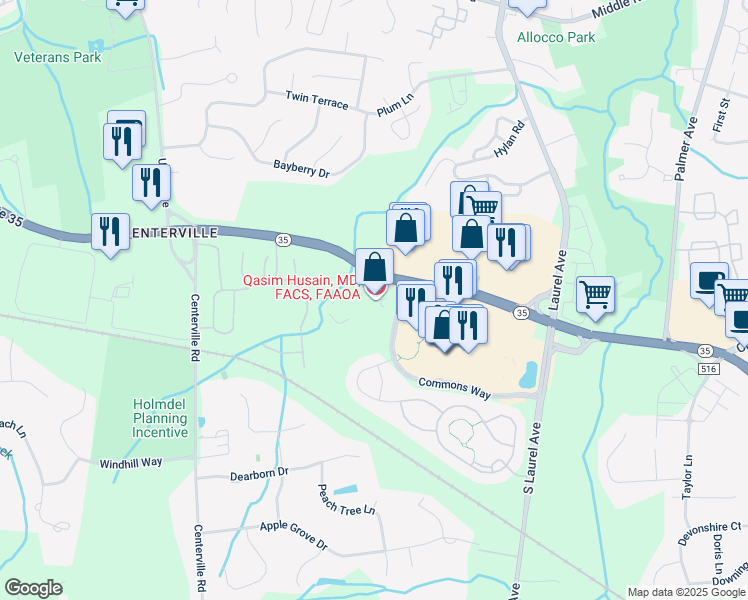 map of restaurants, bars, coffee shops, grocery stores, and more near 100 Commons Way in Holmdel