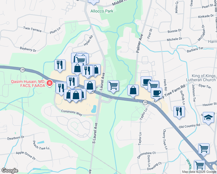 map of restaurants, bars, coffee shops, grocery stores, and more near 80 Nutmeg Lane in Holmdel