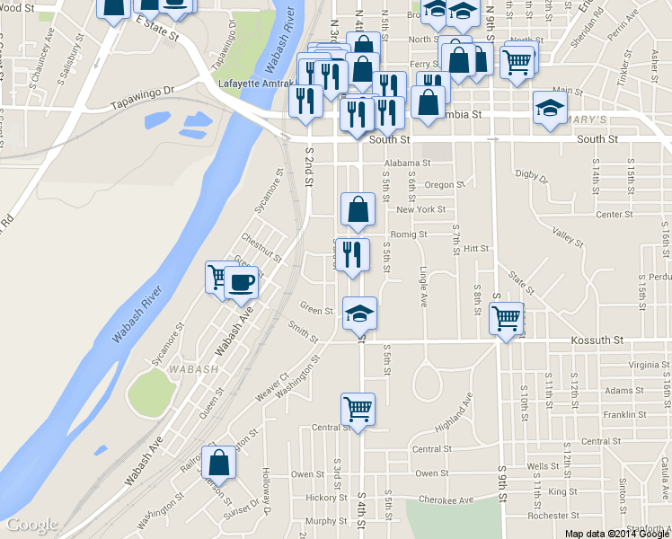 map of restaurants, bars, coffee shops, grocery stores, and more near in Lafayette