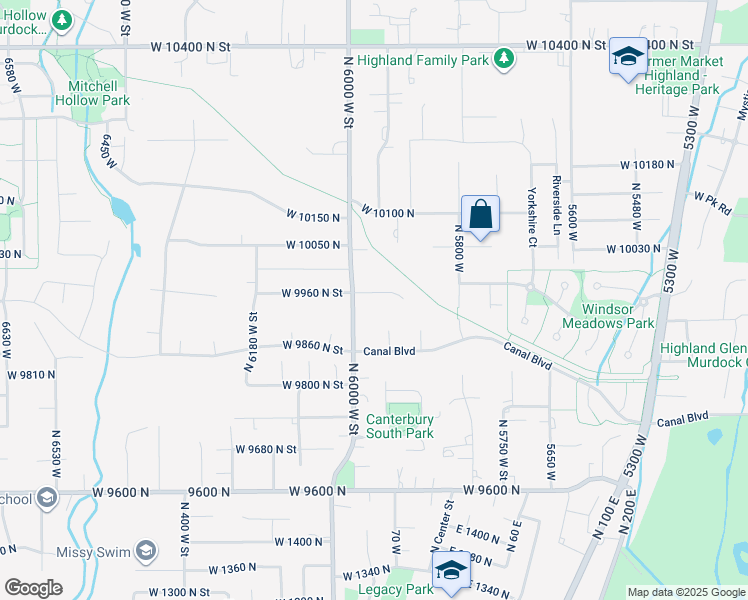 map of restaurants, bars, coffee shops, grocery stores, and more near 5973 West 9960 North Street in Highland