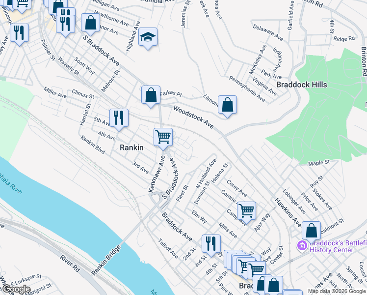 map of restaurants, bars, coffee shops, grocery stores, and more near 420 Furjanic Street in Rankin