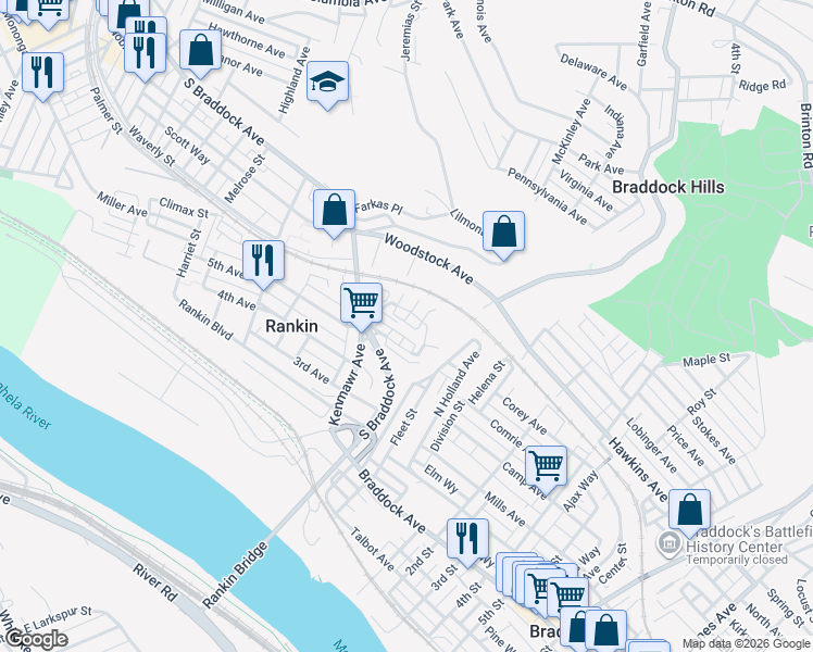 map of restaurants, bars, coffee shops, grocery stores, and more near 420 Furjanic Street in Rankin