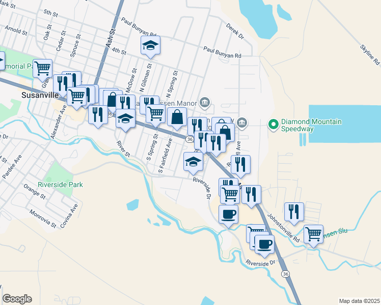 map of restaurants, bars, coffee shops, grocery stores, and more near 2410 Main Street in Susanville