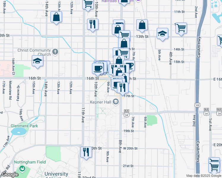 map of restaurants, bars, coffee shops, grocery stores, and more near 1630 9th Avenue in Greeley