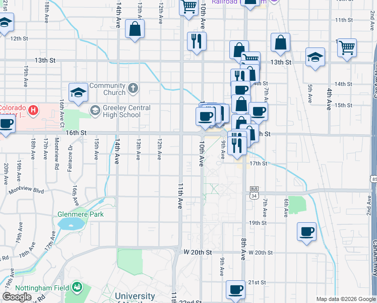 map of restaurants, bars, coffee shops, grocery stores, and more near 1617- 5 10th Avenue in Greeley