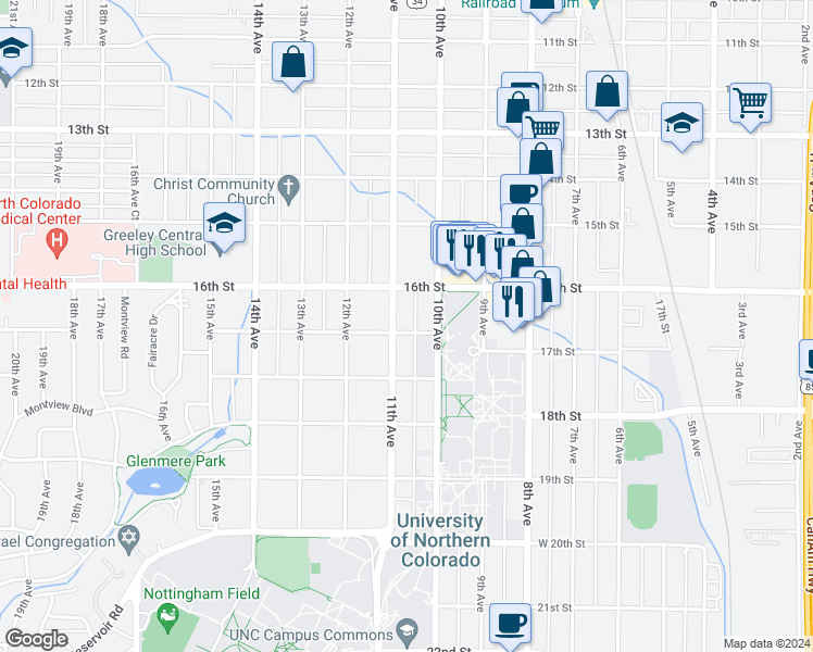map of restaurants, bars, coffee shops, grocery stores, and more near 1617- 5 10th Avenue in Greeley