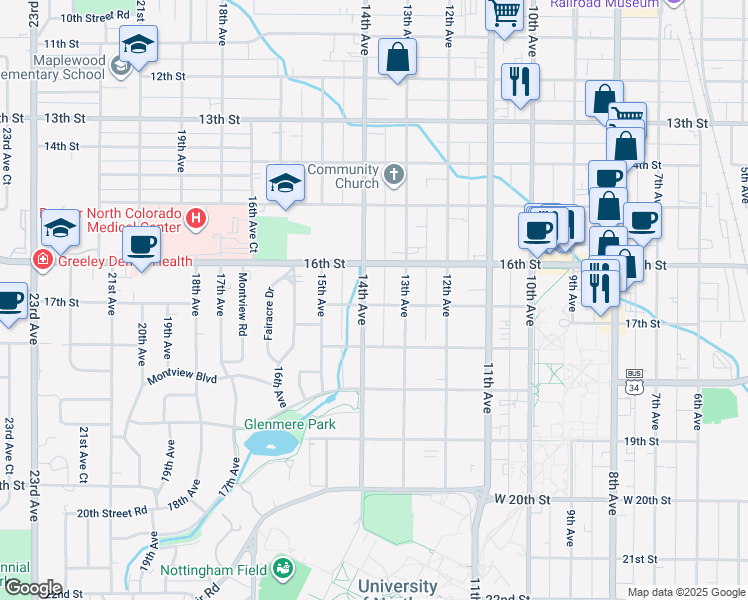 map of restaurants, bars, coffee shops, grocery stores, and more near 1616 14th Avenue in Greeley