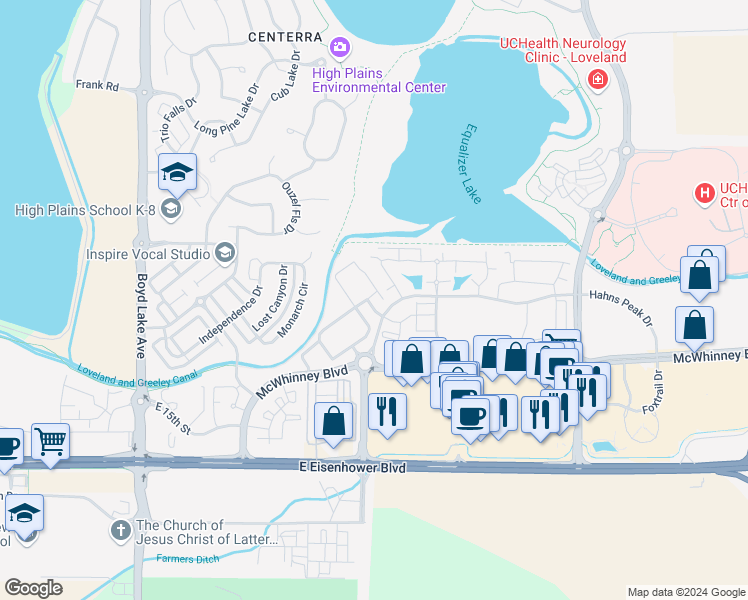 map of restaurants, bars, coffee shops, grocery stores, and more near 4615 Hahns Peak Drive in Loveland