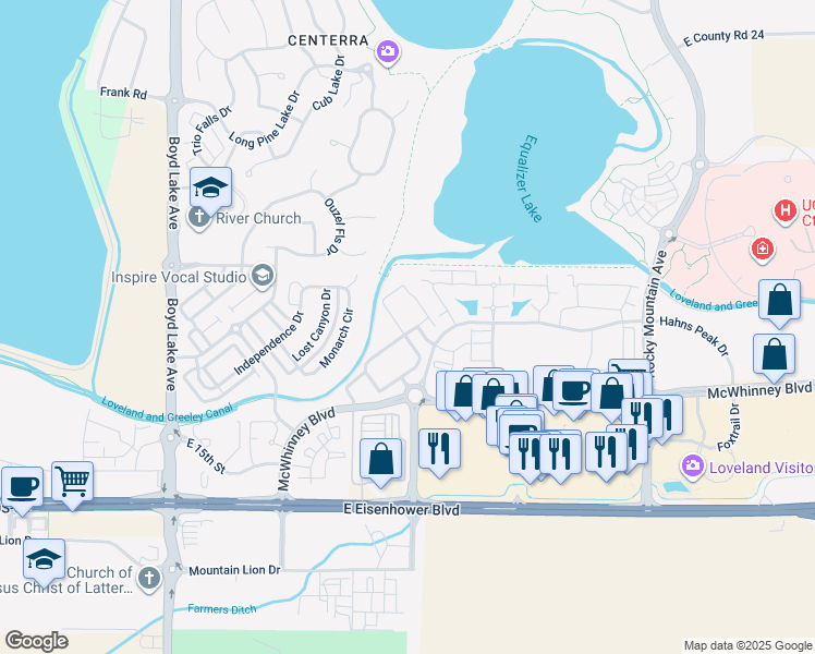 map of restaurants, bars, coffee shops, grocery stores, and more near 2115 Grays Peak Drive in Loveland