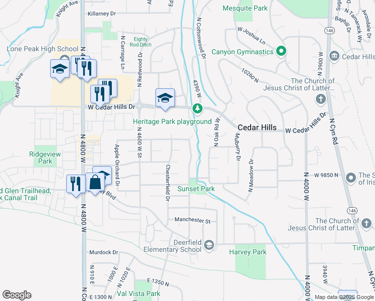 map of restaurants, bars, coffee shops, grocery stores, and more near 4465 West 9860 North in Cedar Hills
