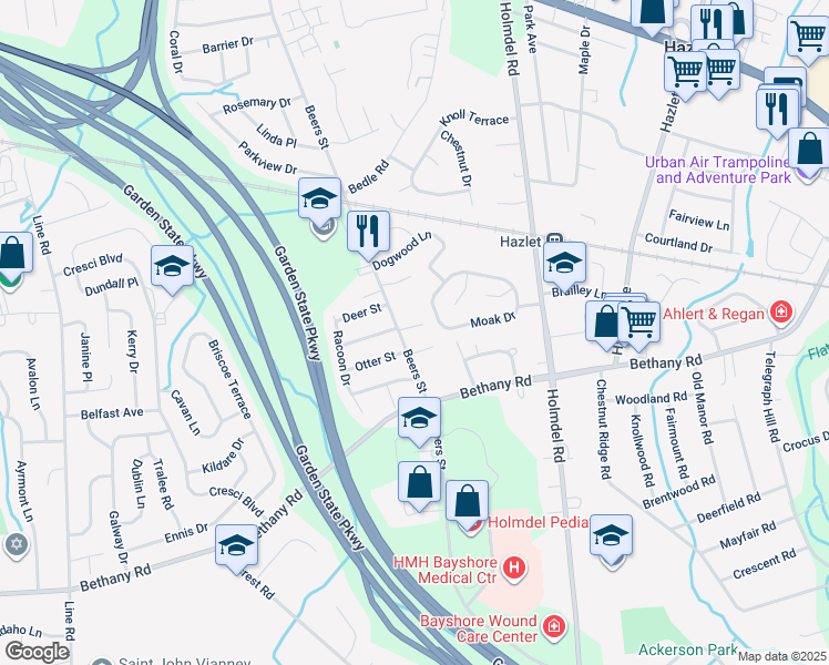 map of restaurants, bars, coffee shops, grocery stores, and more near 3 Hill Street in Hazlet