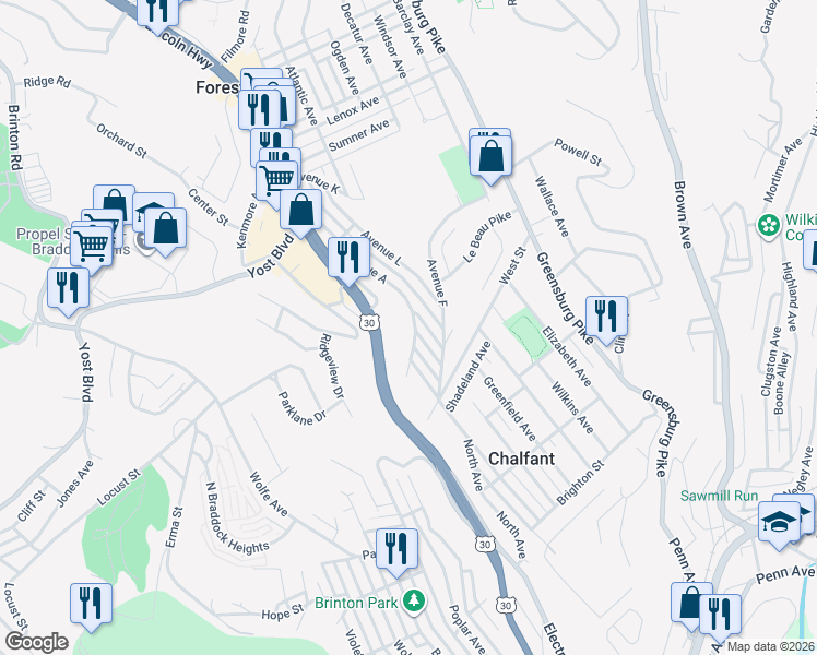 map of restaurants, bars, coffee shops, grocery stores, and more near 322 Avenue A in Pittsburgh