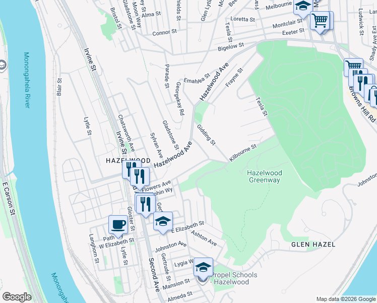 map of restaurants, bars, coffee shops, grocery stores, and more near 248 Hazelwood Avenue in Pittsburgh