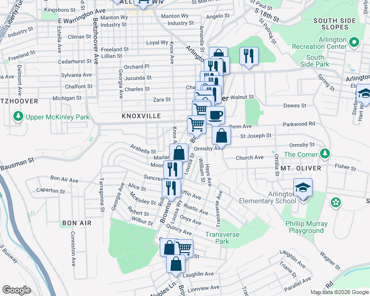 map of restaurants, bars, coffee shops, grocery stores, and more near 411 Brownsville Road in Pittsburgh