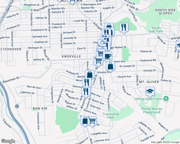 map of restaurants, bars, coffee shops, grocery stores, and more near 167 Knox Avenue in Pittsburgh