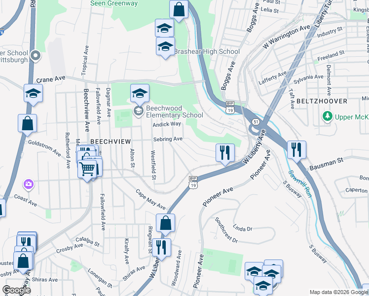 map of restaurants, bars, coffee shops, grocery stores, and more near 287 Sebring Avenue in Pittsburgh