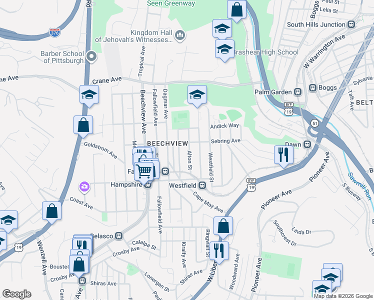 map of restaurants, bars, coffee shops, grocery stores, and more near 1401 Kenberma Avenue in Pittsburgh