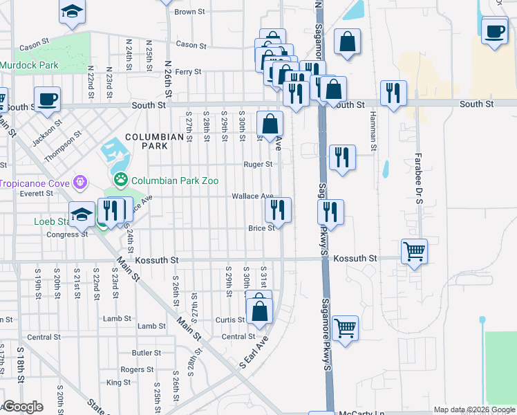 map of restaurants, bars, coffee shops, grocery stores, and more near 500 South 31st Street in Lafayette