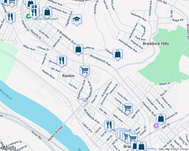 map of restaurants, bars, coffee shops, grocery stores, and more near 418 Furjanic Street in Rankin