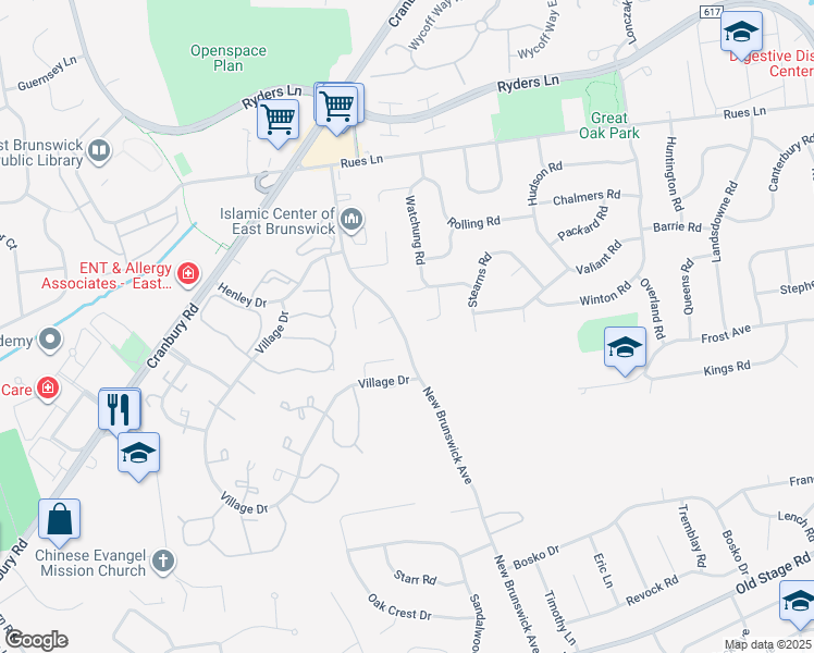 map of restaurants, bars, coffee shops, grocery stores, and more near 376 New Brunswick Avenue in East Brunswick