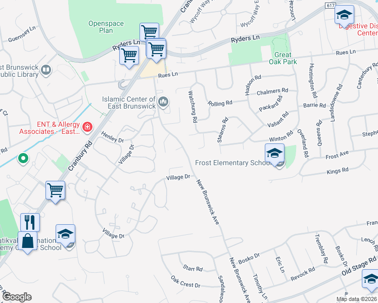 map of restaurants, bars, coffee shops, grocery stores, and more near 376 New Brunswick Avenue in East Brunswick