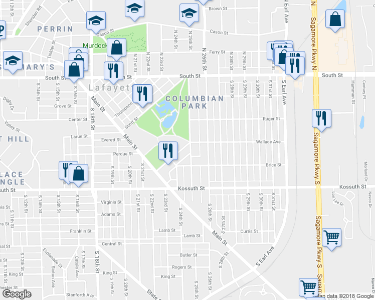 map of restaurants, bars, coffee shops, grocery stores, and more near 2436 Wallace Avenue in Lafayette