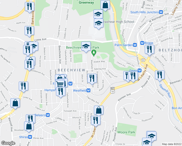 map of restaurants, bars, coffee shops, grocery stores, and more near 1416 Westfield Street in Pittsburgh
