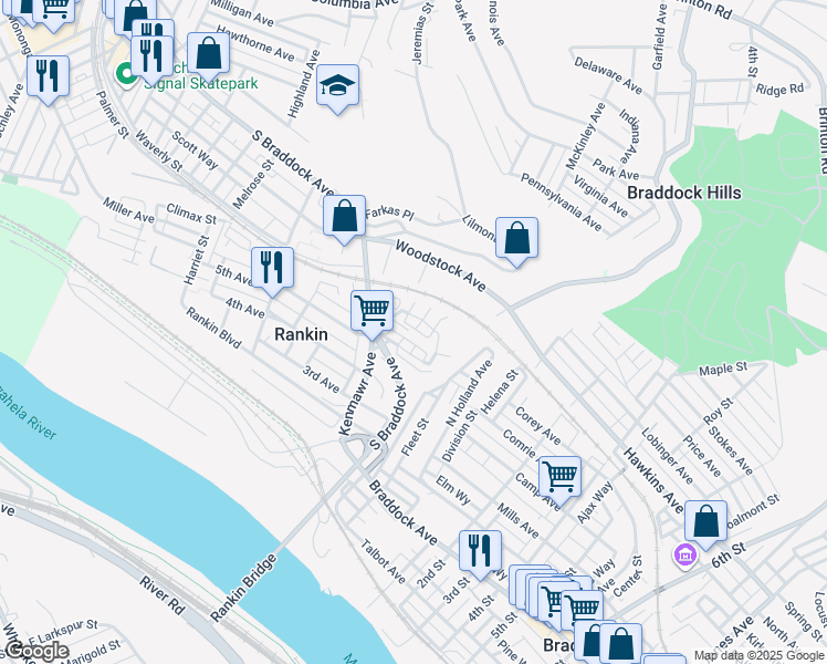 map of restaurants, bars, coffee shops, grocery stores, and more near 422 Furjanic Street in Rankin
