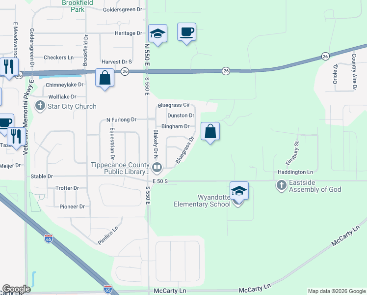 map of restaurants, bars, coffee shops, grocery stores, and more near 338 Bluegrass Drive in Lafayette