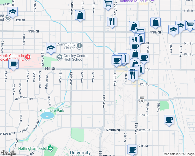 map of restaurants, bars, coffee shops, grocery stores, and more near 1617 11th Avenue in Greeley
