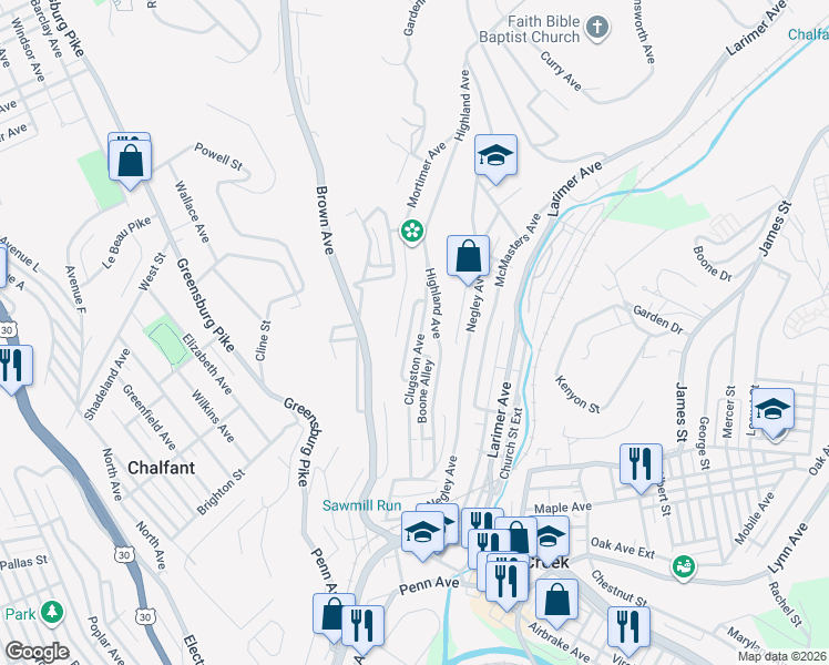 map of restaurants, bars, coffee shops, grocery stores, and more near 543 Clugston Avenue in Turtle Creek
