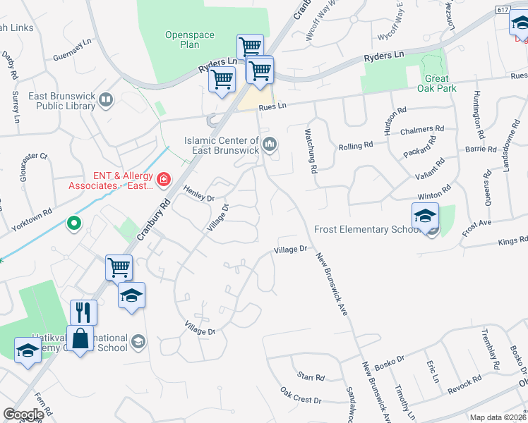map of restaurants, bars, coffee shops, grocery stores, and more near 429 Danbury Lane in East Brunswick