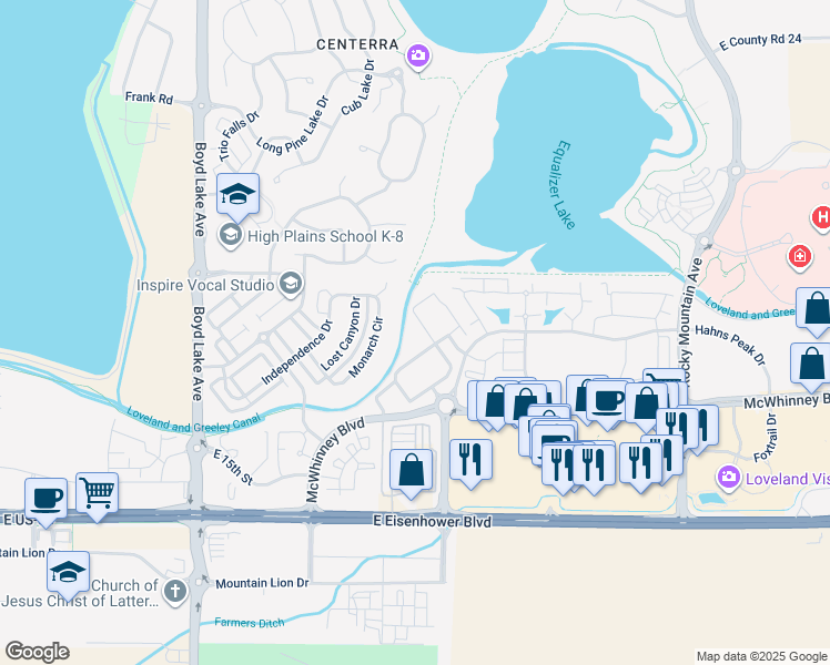 map of restaurants, bars, coffee shops, grocery stores, and more near 2115 Grays Peak Drive in Loveland