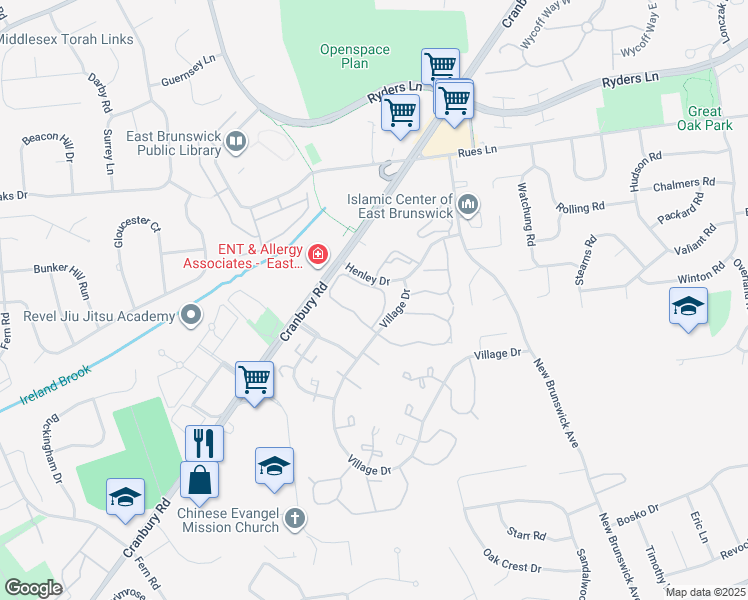 map of restaurants, bars, coffee shops, grocery stores, and more near 741 Cranbury Road in East Brunswick