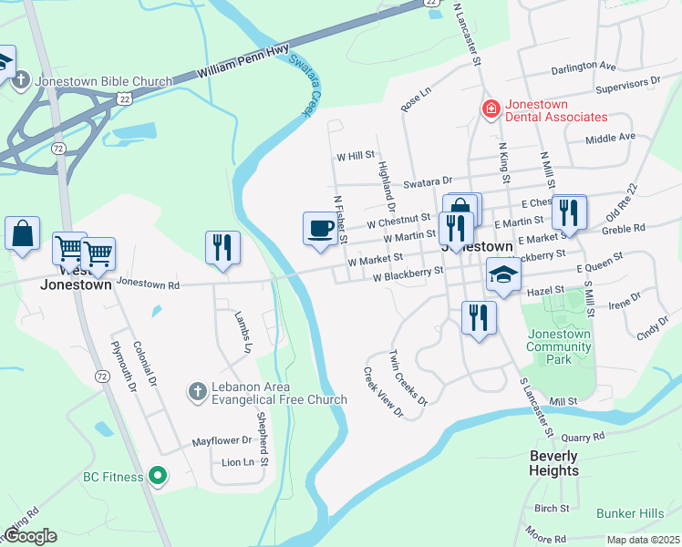 map of restaurants, bars, coffee shops, grocery stores, and more near 315 West Market Street in Jonestown