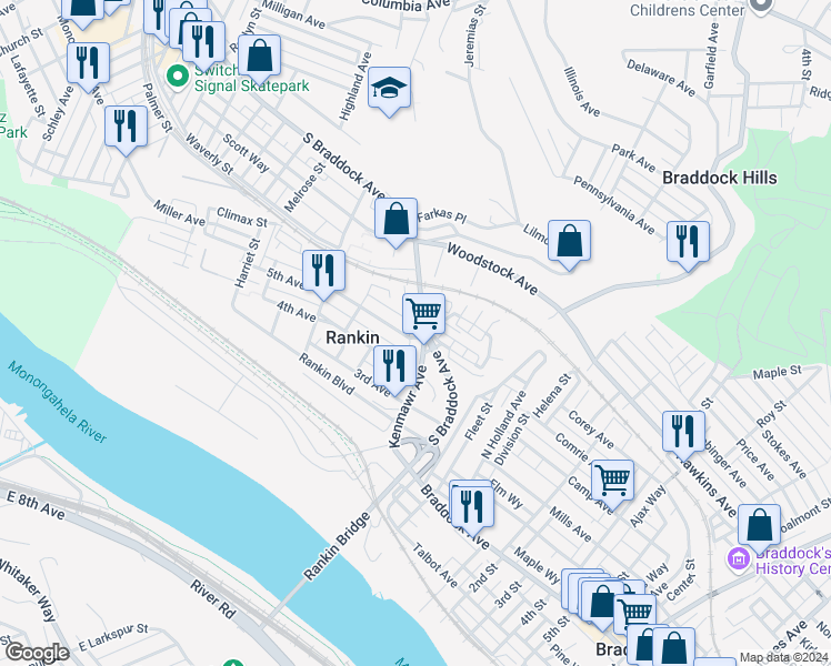 map of restaurants, bars, coffee shops, grocery stores, and more near 515 Kenmawr Avenue in Braddock
