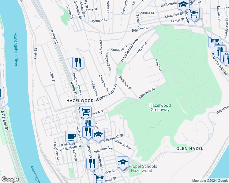 map of restaurants, bars, coffee shops, grocery stores, and more near 248 Hazelwood Avenue in Pittsburgh