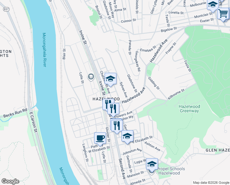 map of restaurants, bars, coffee shops, grocery stores, and more near 4701 Chatsworth Avenue in Pittsburgh