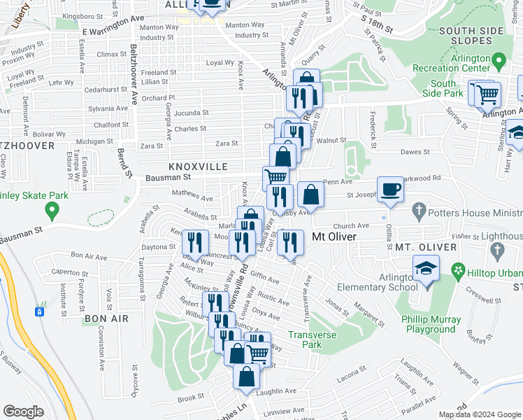 map of restaurants, bars, coffee shops, grocery stores, and more near 411 Brownsville Road in Pittsburgh