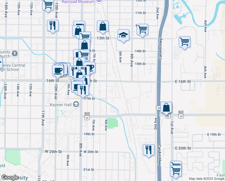map of restaurants, bars, coffee shops, grocery stores, and more near 1626- 5 6th Avenue in Greeley