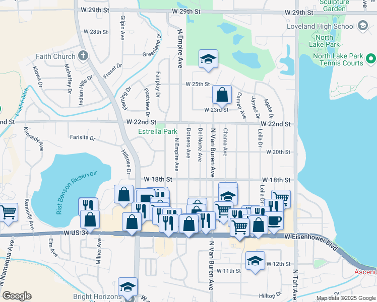 map of restaurants, bars, coffee shops, grocery stores, and more near 2005 Dotsero Avenue in Loveland